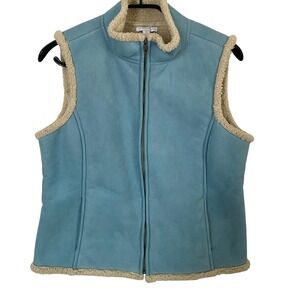 Charter Club Womens Faux Suede Sherpa Lined Vest Light Blue Full Zip Size Medium